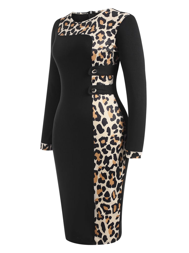 Black 1960s Leopard Patchwork Pencil Dress, vintage dress, retro fashion - perfect for women who love vintage and retro fashion