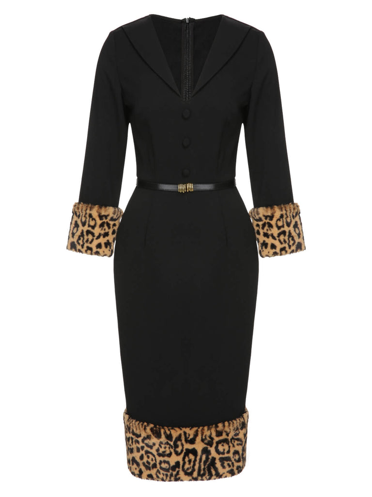 Retro Stage Vintage Leopard Lapel Plush Midi Sheath Dress for Cocktail Party in Black Retro Stage Vintage Leopard Lapel Plush Midi Sheath Dress for Cocktail Party in Black