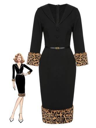 Black 1960s Leopard Plush V-Neck Pencil Dress: timeless style reimagined