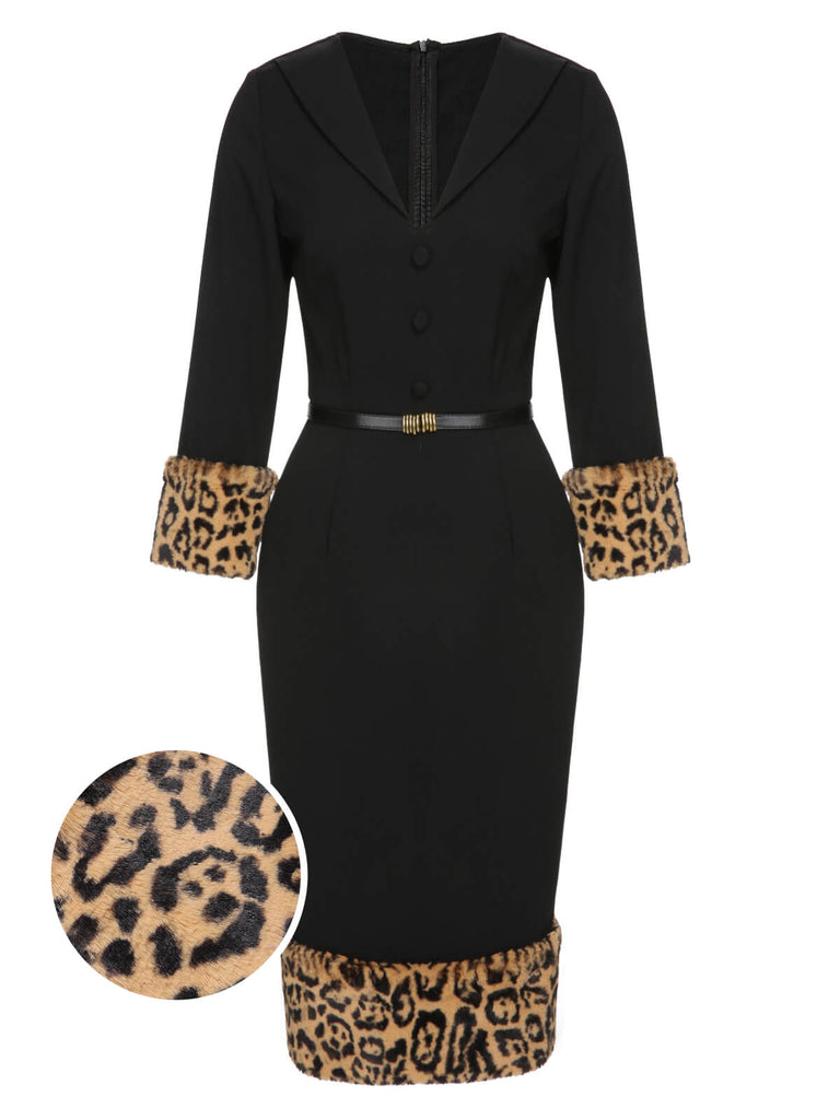 Vintage Leopard Lapel Plush Midi Sheath Dress,L Vintage Leopard Lapel Plush Midi Sheath Dress,L
