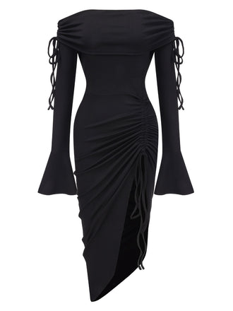 She slips into this Black 1960s Off-Shoulder Lace-Up Drawstring Dress and suddenly it's a 1960s daydream