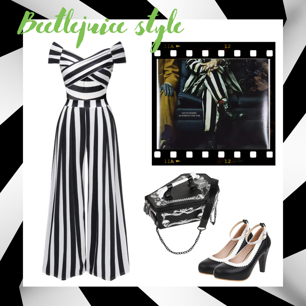 She finds her 1960s story in this Black 1960s Off-Shoulder Stripes Jumpsuit