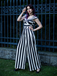 Black 1960s Off-Shoulder Stripes Jumpsuit - vintage jumpsuit, retro fashion, classic black