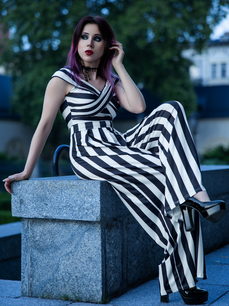 Black 1960s Off-Shoulder Stripes Jumpsuit - vintage jumpsuit, retro fashion, classic black