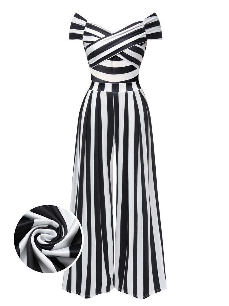 Black 1960s Off-Shoulder Stripes Jumpsuit: timeless 1960s elegance she makes her own