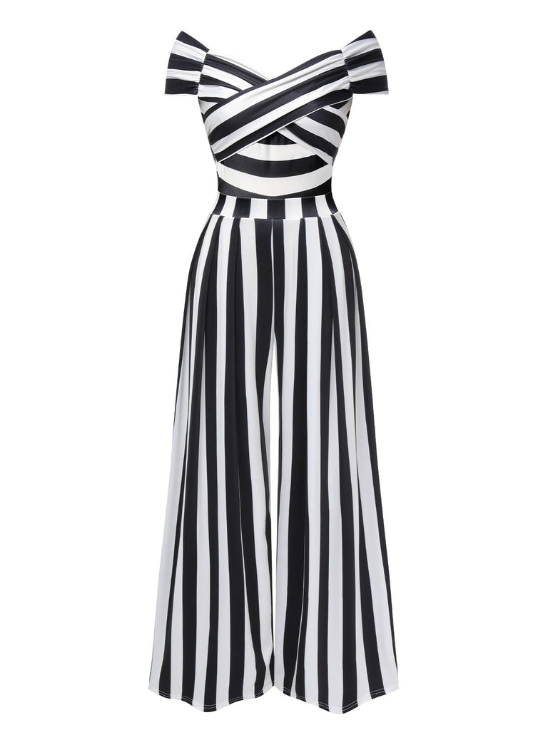 This Black 1960s Off-Shoulder Stripes Jumpsuit whispers 1960s secrets to those who notice