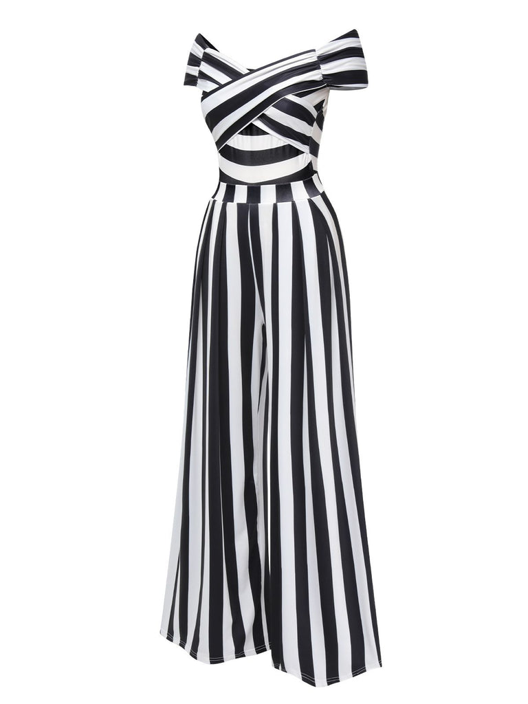 Black 1960s Off-Shoulder Stripes Jumpsuit — 1960s style that transcends decades