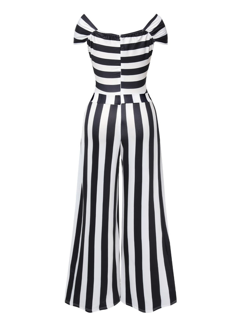 Black 1960s Off-Shoulder Stripes Jumpsuit — 1960s vintage charm for her modern wardrobe
