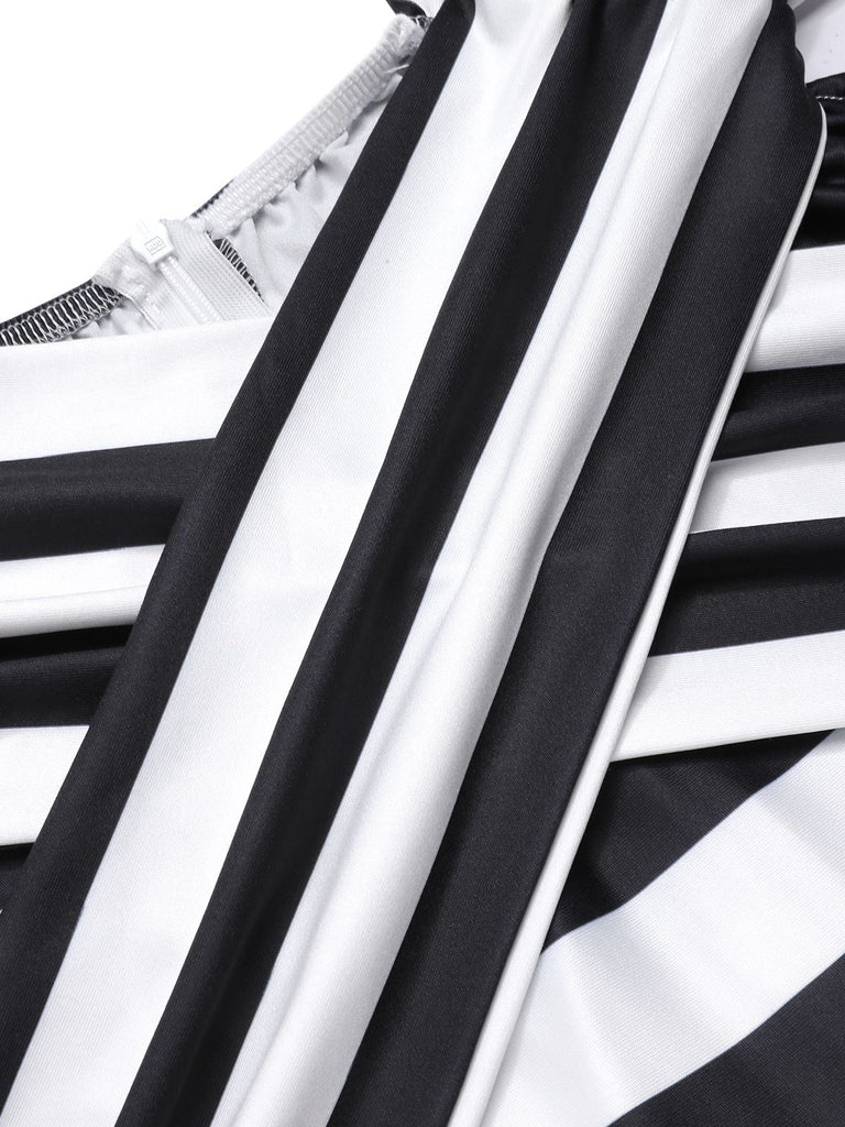 She finds her 1960s story in this Black 1960s Off-Shoulder Stripes Jumpsuit