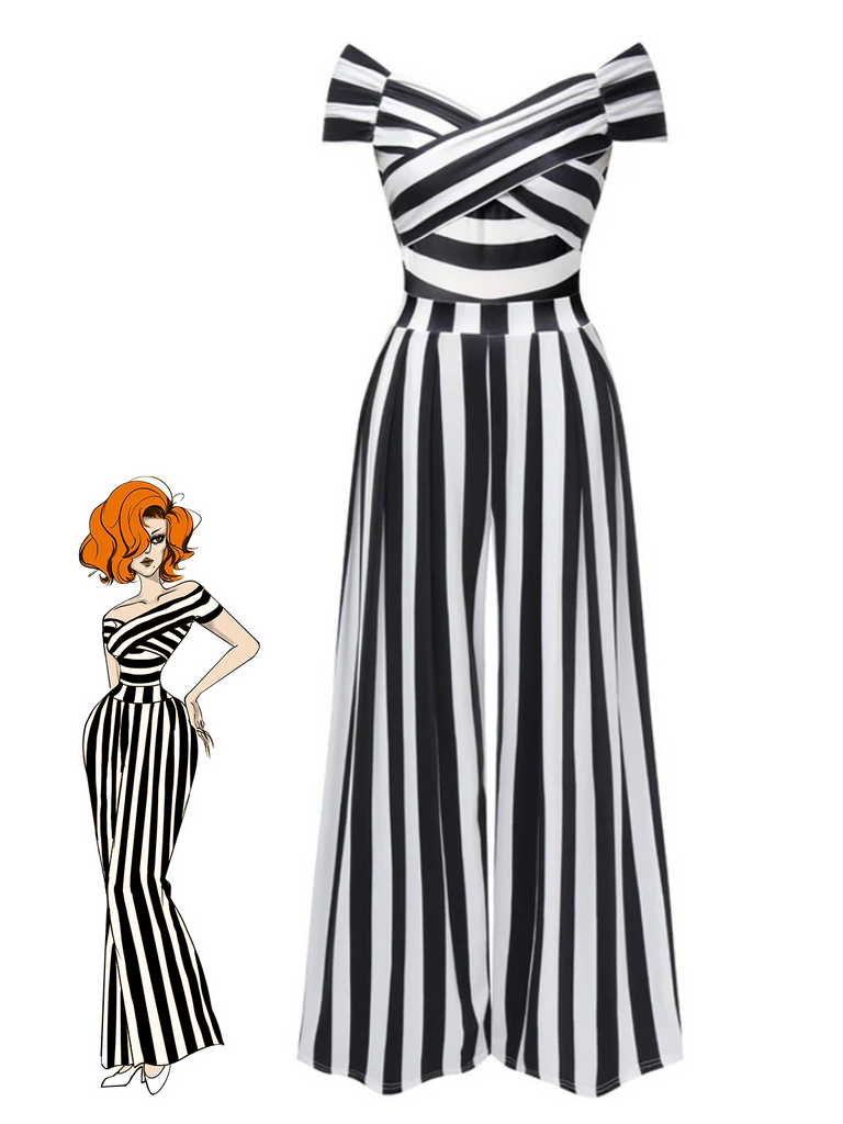 This Black 1960s Off-Shoulder Stripes Jumpsuit whispers 1960s secrets to those who notice