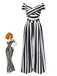 This Black 1960s Off-Shoulder Stripes Jumpsuit whispers 1960s secrets to those who notice