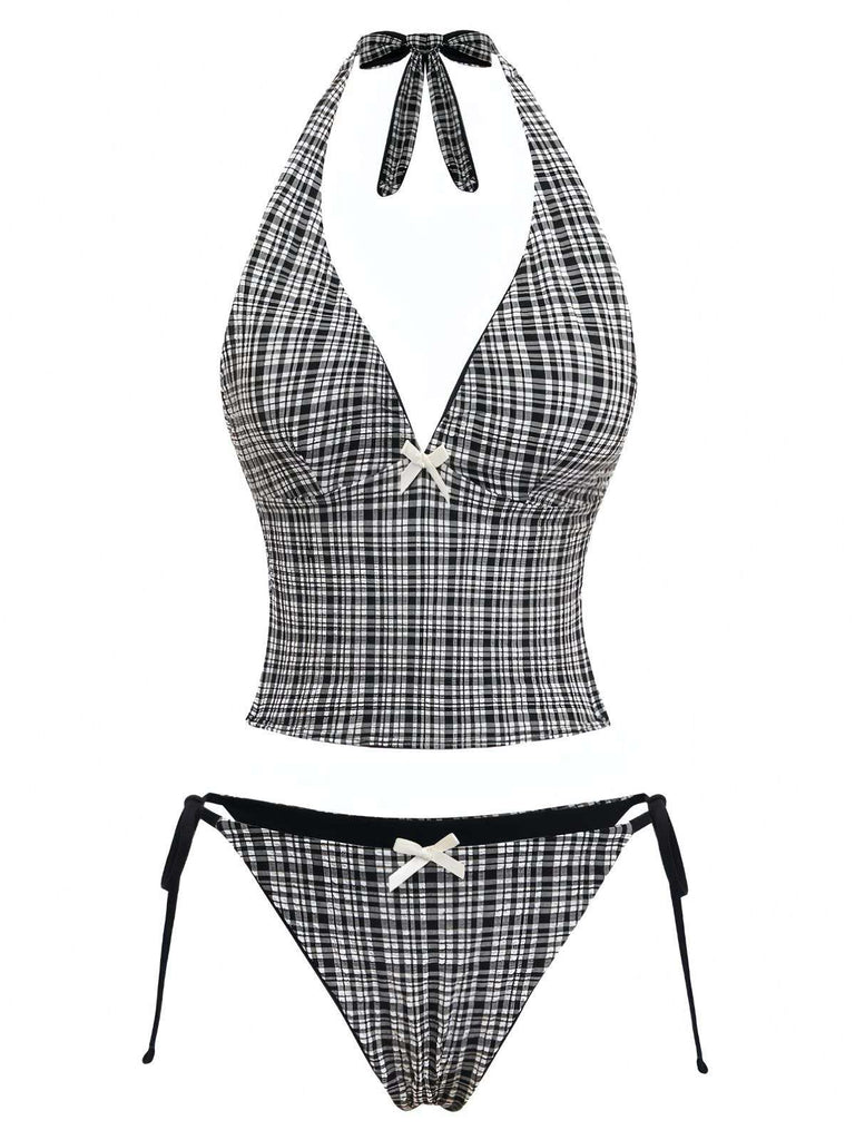 Black 1960s Plaid Deep V Halter Tankini Set - vintage fashion, retro style, classic black