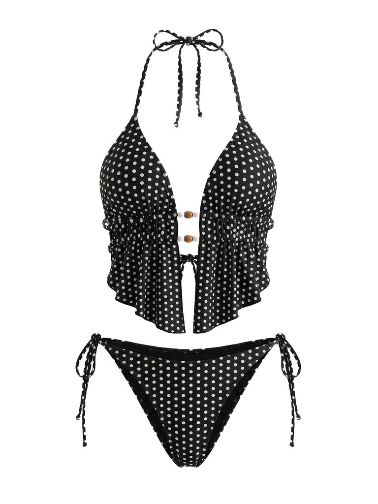 Black 1960s Print Polka Dot Backless Swimsuit