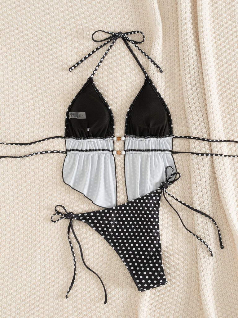 Black 1960s Print Polka Dot Backless Swimsuit