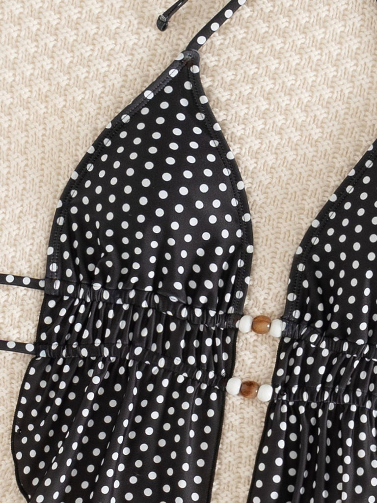 Black 1960s Print Polka Dot Backless Swimsuit