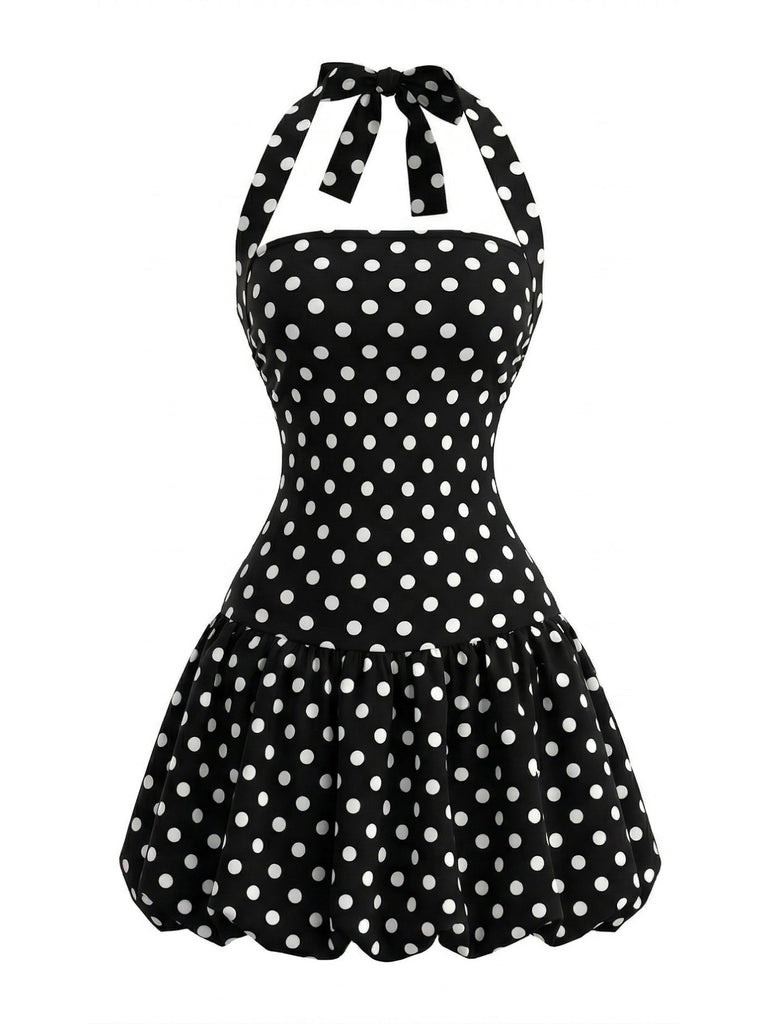 Black 1960s Polka Dot Halter Bubble Dress