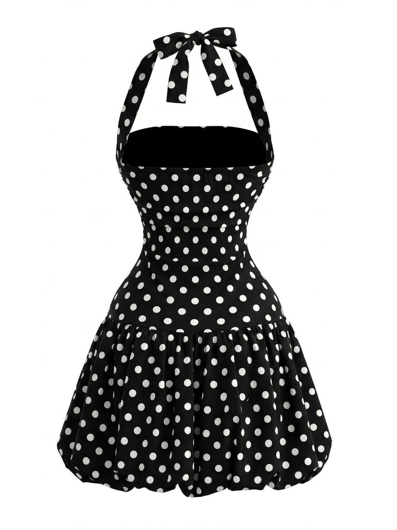 Black 1960s Polka Dot Halter Bubble Dress