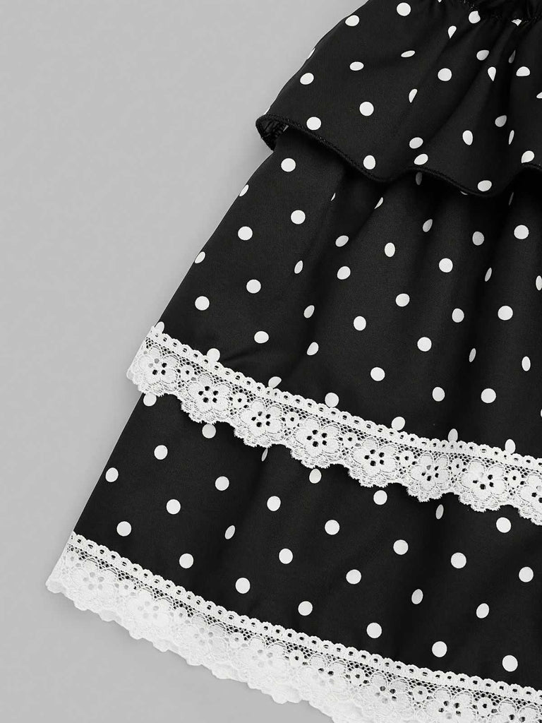 Black 1960s Polka Dot Lace Ruffle Mini Skirt - vintage skirt, retro style, classic black