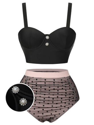 Black 1960s Polka Dots Mesh Swimsuit, vintage swimsuit, pin-up swimwear - perfect for women who love vintage and retro fashion