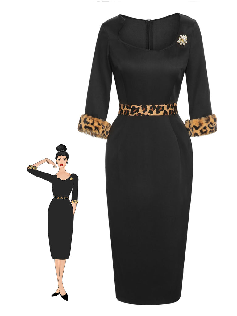 Vintage Raw Hem Leopard Asymmetric Sheath Dress Black,S Vintage Raw Hem Leopard Asymmetric Sheath Dress Black,S