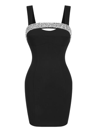 Black 1960s Rhinestone Patchwork Neck Mini Dress, vintage dress, retro fashion - perfect for women who love vintage and retro fashion