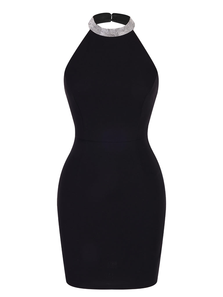 Black 1960s Rhinestone Solid Halter Dress, vintage dress, retro fashion - perfect for women who love vintage and retro fashion