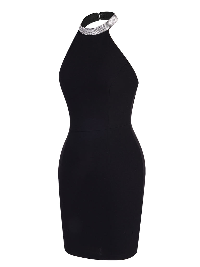Black 1960s Rhinestone Solid Halter Dress, vintage dress, retro fashion - perfect for women who love vintage and retro fashion