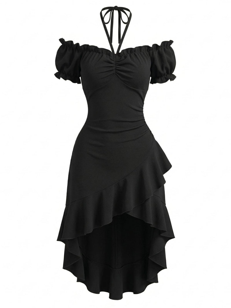 Gothic Off-Shoulder Puff Sleeve Hi-Low Ruffle Dress Black