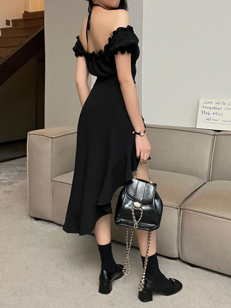 Gothic Off-Shoulder Puff Sleeve Hi-Low Ruffle Dress Black