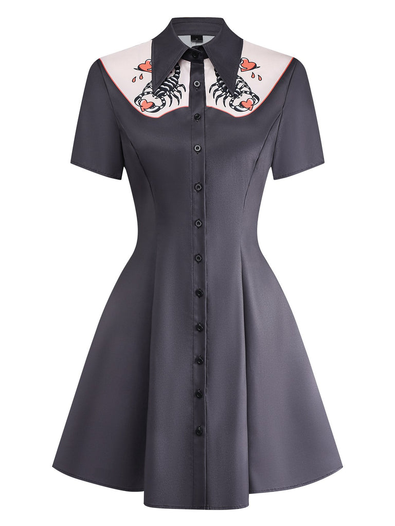 Black 1960s Scorpion Hearts Print Shirt Dress - vintage dress, retro fashion, classic black