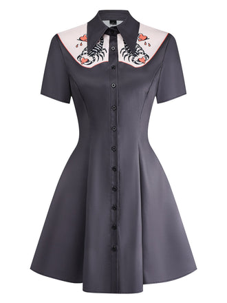 Black 1960s Scorpion Hearts Print Shirt Dress - vintage dress, retro fashion, classic black