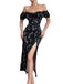This Black 1960s Side Slit Ditsy Floral Off-Shoulder Dress wraps her in 1960s elegance, one twirl at a time