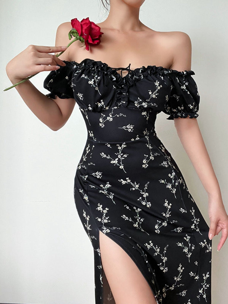 Black 1960s Side Slit Ditsy Floral Off-Shoulder Dress — the kind of 1960s dress that makes strangers smile