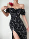 Black 1960s Side Slit Ditsy Floral Off-Shoulder Dress — the kind of 1960s dress that makes strangers smile