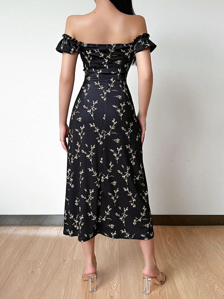 Black 1960s Side Slit Ditsy Floral Off-Shoulder Dress — a 1960s silhouette that turns sidewalks into runways