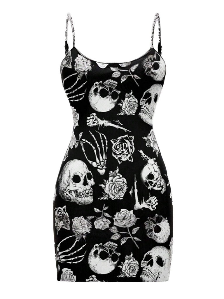 She slips into this Black 1960s Skull Rose Halloween Bodycon Dress and suddenly it's a 1960s daydream