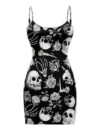 She slips into this Black 1960s Skull Rose Halloween Bodycon Dress and suddenly it's a 1960s daydream