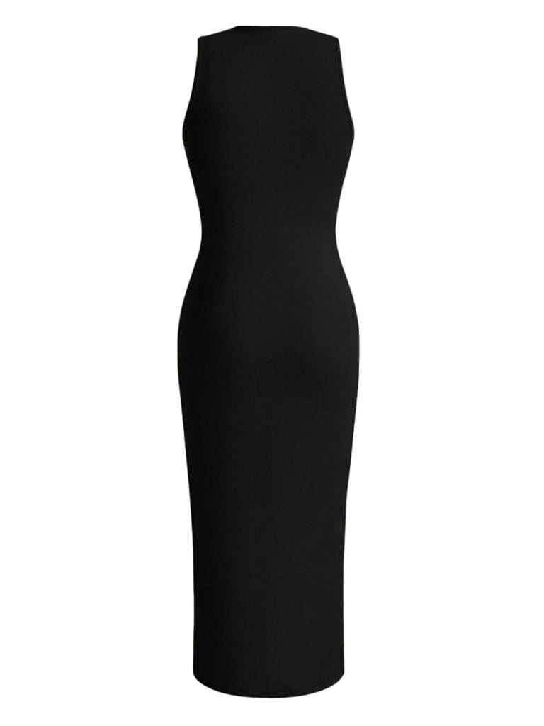 Black 1960s Sleeveless Solid Bodycon Dress - vintage dress, retro fashion, classic black