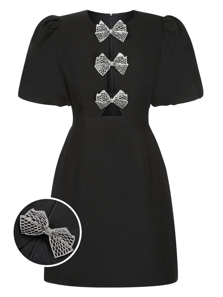 Black 1960s Solid Bow Hollow Puff Dress, vintage dress, retro fashion - perfect for women who love vintage and retro fashion