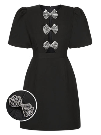 Black 1960s Solid Bow Hollow Puff Dress, vintage dress, retro fashion - perfect for women who love vintage and retro fashion