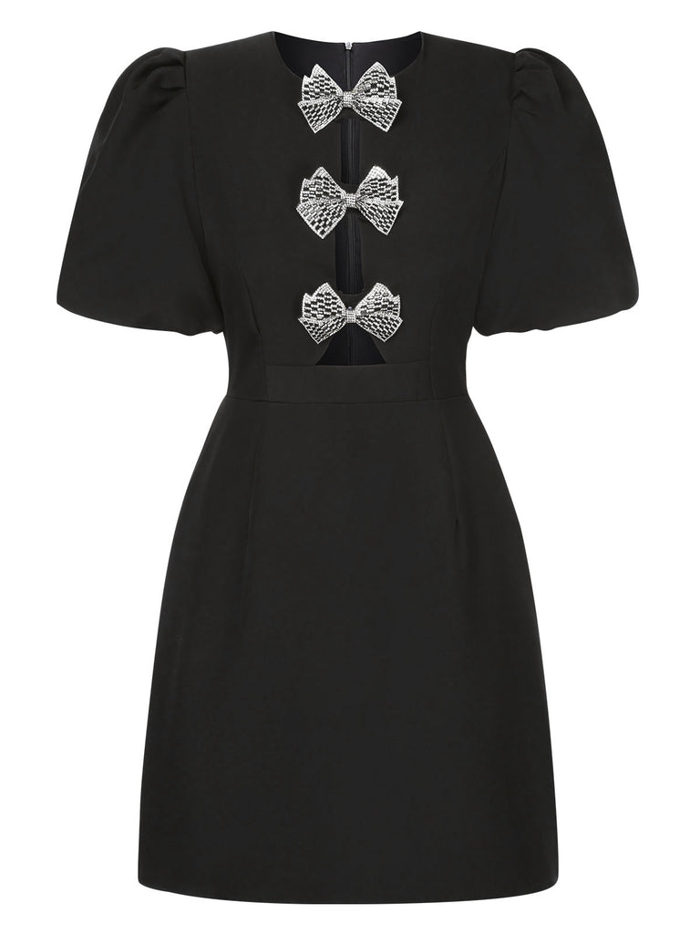 Black 1960s Solid Bow Hollow Puff Dress, vintage dress, retro fashion - perfect for women who love vintage and retro fashion