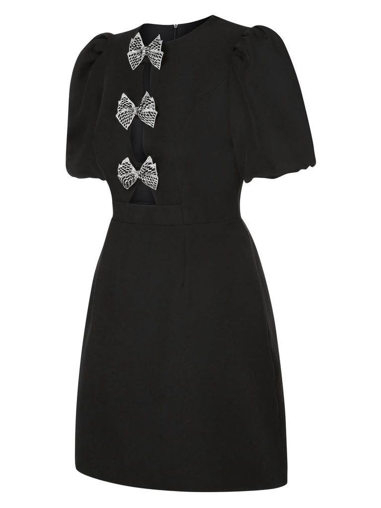 Black 1960s Solid Bow Hollow Puff Dress, vintage dress, retro fashion - perfect for women who love vintage and retro fashion