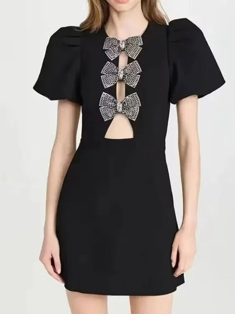 Black 1960s Solid Bow Hollow Puff Dress, vintage dress, retro fashion - perfect for women who love vintage and retro fashion