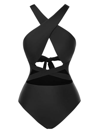 Black 1960s Solid Cross Halter Hollow Tie Back Swimsuit, vintage swimsuit, pin-up swimwear - perfect for women who love vintage and retro fashion