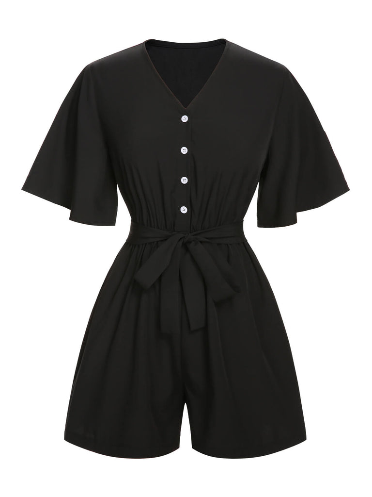 Black 1960s Solid Flare Sleeve V-Neck Romper, vintage romper, retro jumpsuit - perfect for women who love vintage and retro fashion