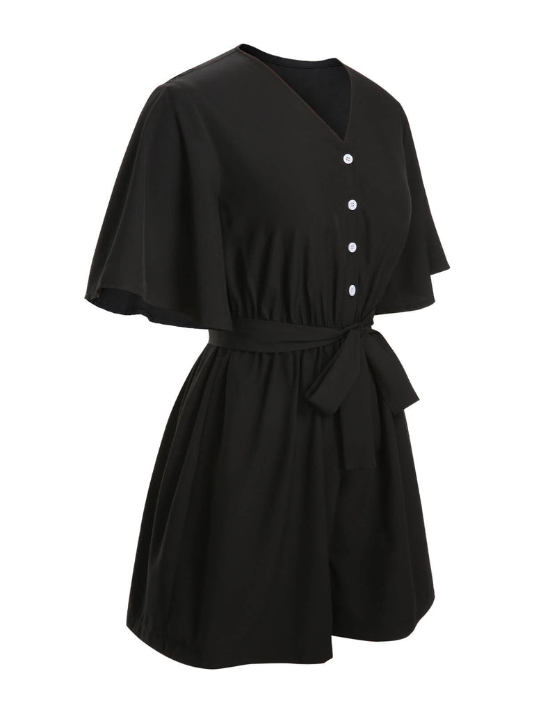 Black 1960s Solid Flare Sleeve V-Neck Romper, vintage romper, retro jumpsuit - perfect for women who love vintage and retro fashion