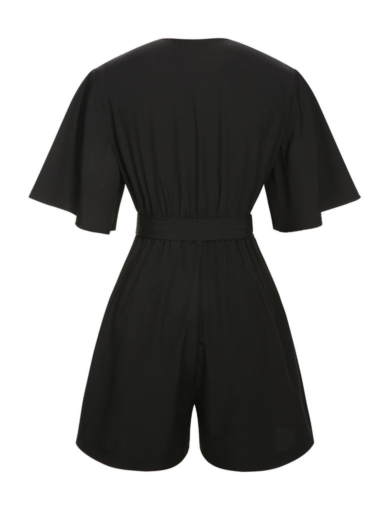 Black 1960s Solid Flare Sleeve V-Neck Romper, vintage romper, retro jumpsuit - perfect for women who love vintage and retro fashion