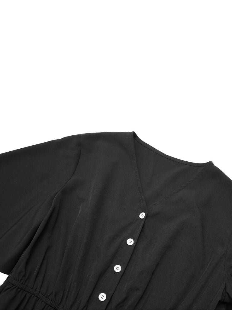 Black 1960s Solid Flare Sleeve V-Neck Romper, vintage romper, retro jumpsuit - perfect for women who love vintage and retro fashion