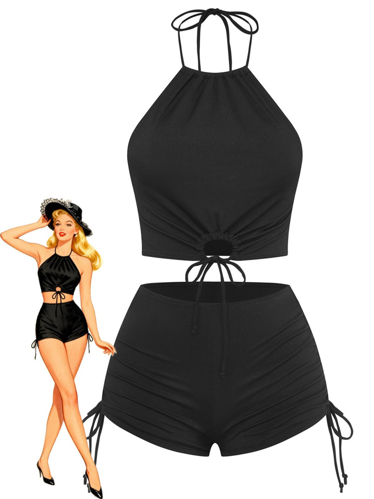 Black 1960s Solid Halter Ruched Bikini Set - vintage swimwear, retro swimsuit, pin-up style for vintage lovers
