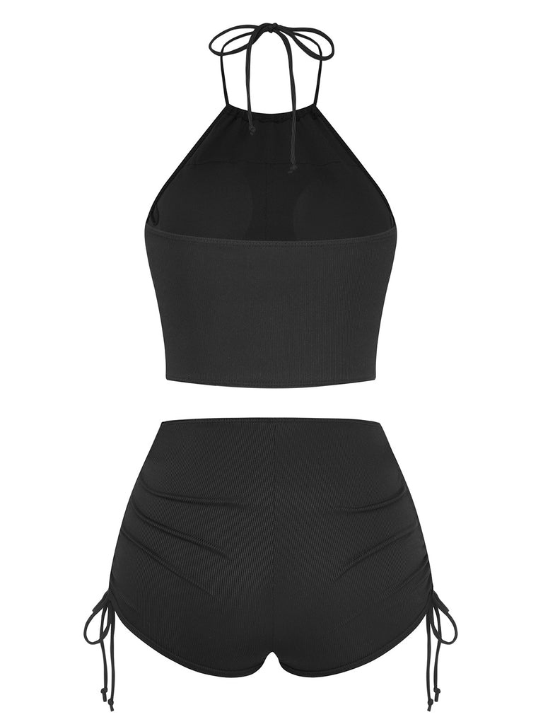 Black 1960s Solid Halter Ruched Bikini Set | vintage swimwear, retro swimsuit, pin-up style - perfect for retro fashion enthusiasts